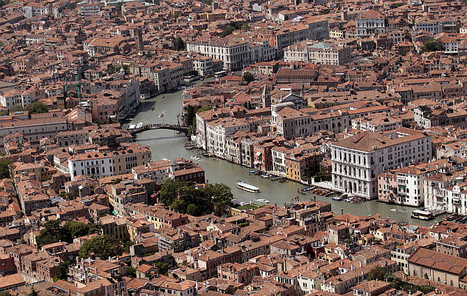 An aerial view shows the Gran Canal in Venice lagoon, Italy.