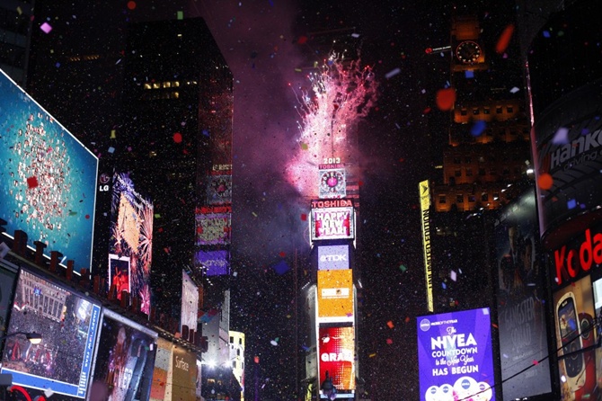 Fireworks are seen over Times Square during New Year celebrations in New York.