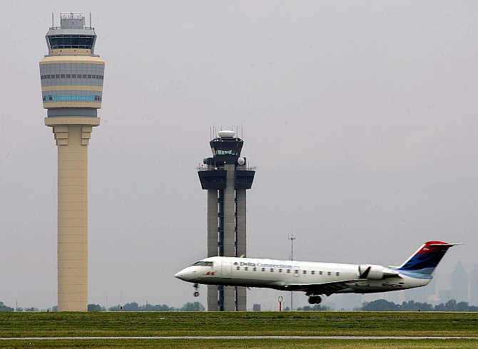 A Delta Air Lines aircraft lands at Hartsfield-Jackson Atlanta International Airport in Atlanta, Georgia, United States.