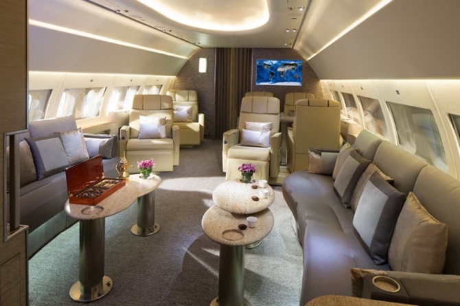 Emirates' Airbus ACJ319 aircraft for chartered VVIP service features private suites, lounge areas and a shower. 
