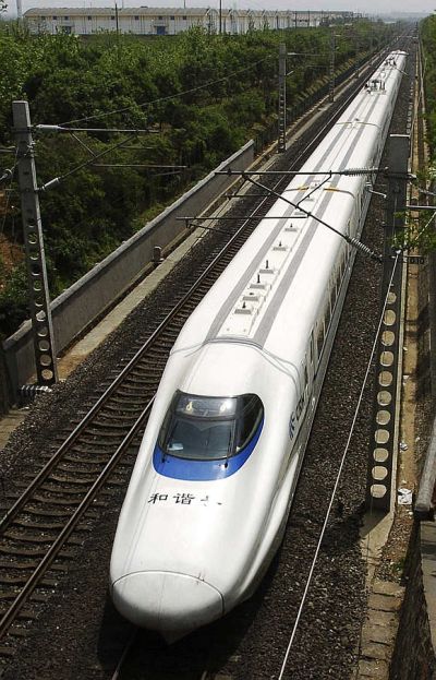 A bullet train speeds past during a test operation in China.