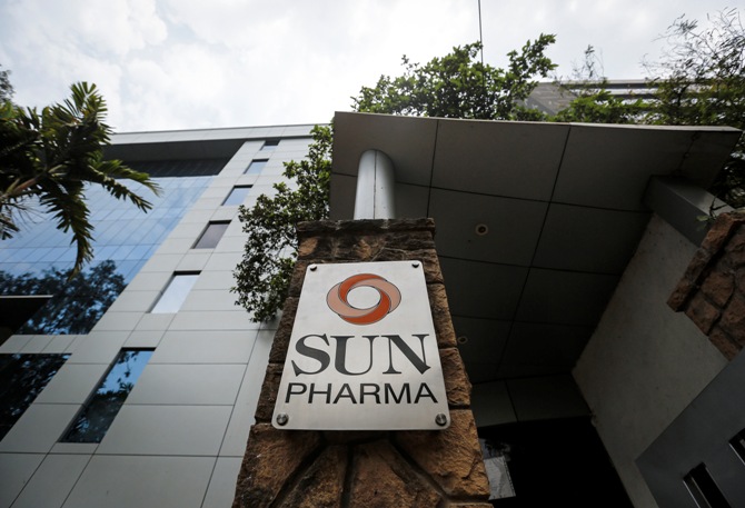 A logo of Sun Pharmaceutical Industries Ltd at its research and development centre in Mumbai.