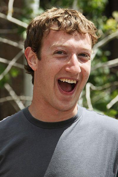 Mark Zuckerberg, Facebook CEO and founder laughs outside the Sun Valley Inn in Sun Valley, Idaho.