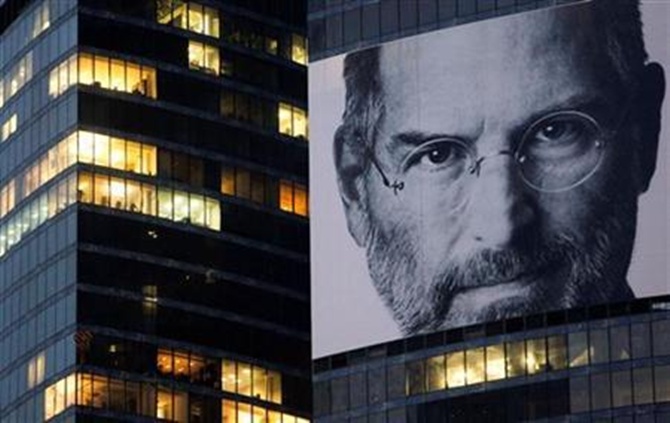 A portrait of Steve Jobs is placed on the Federation Tower skyscraper in Moscow's new business district.