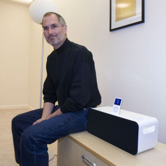 Steve Jobs next to the new iPod Hi-Fi speaker system designed for the iPod.