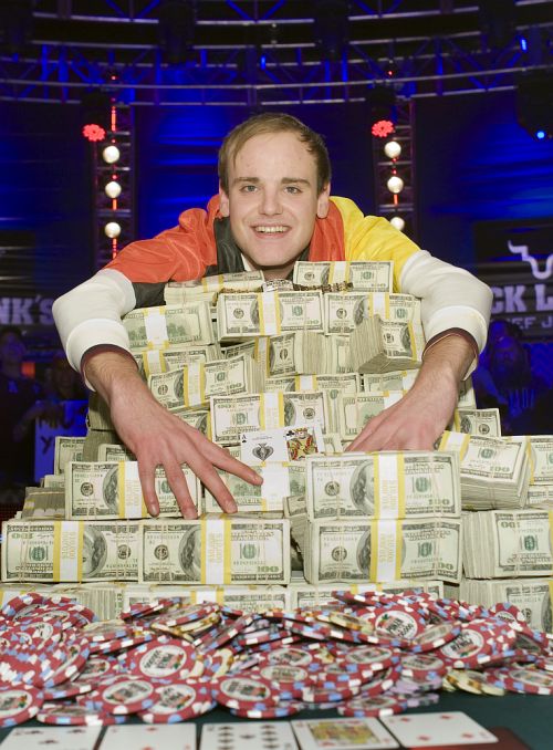 Pius Heinz of Germany poses after beating Martin Staszko of the Czech Republic to win the championship bracelet and $8.7 million in prize money during the World Series of Poker.