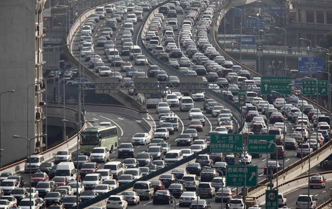 A view of heavy traffic on a highway during the morning rush hours in Shanghai.