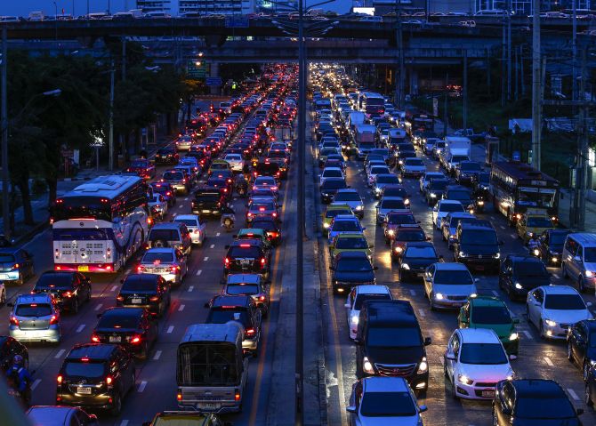 Cars are seen stuck in a traffic jam at Rama 9 road in Bangkok.