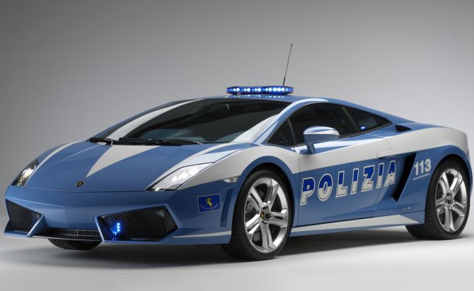 A Lamborghini Gallardo LP560-4 Polizia chase car is shown before its donation to the Italian state police by the automaker.