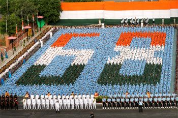 Children stand in a formation at the historic Red Fort on the occasion of 68th Independence Day.