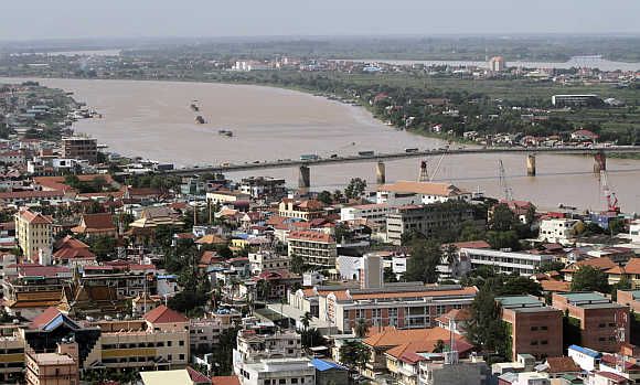 An aerial view of Phnom Penh and Mekong river in Cambodia.