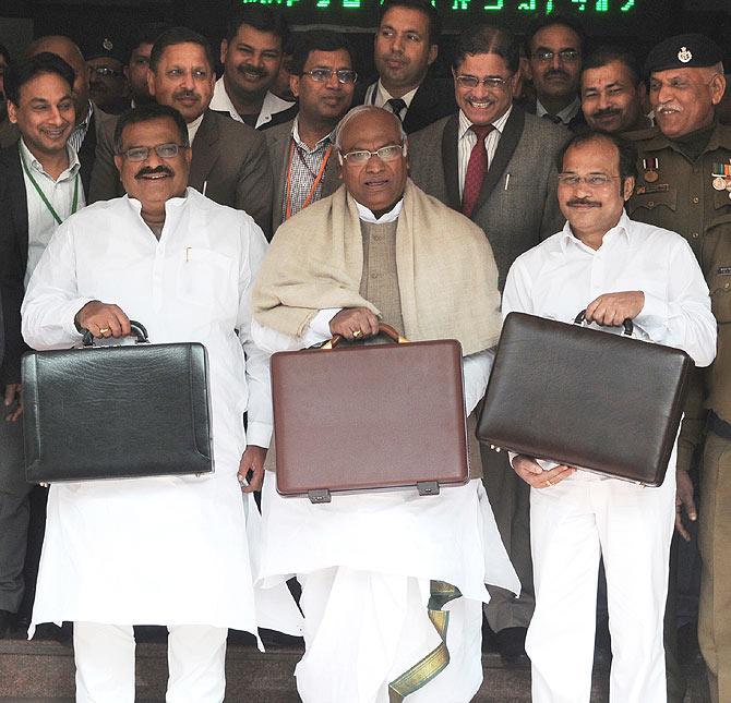 Railway Minister Mallikarjun Kharge with Ministers of State for Railways, K.J. Surya Prakash Reddy and Adhir Ranjan Chowdhury.