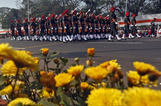 Indian soldiers march during the Republic Day parade in Kolkata.
