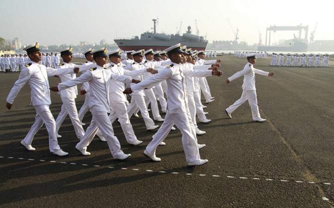 Indian Navy sailors march as they take part in ceremonial parade during Republic Day celebrations at the southern Naval Command in Kochi.