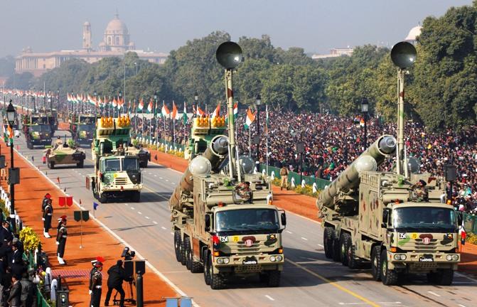 The Indian Army's BrahMos missile launchers are driven for display during the Republic Day parade in New Delhi.