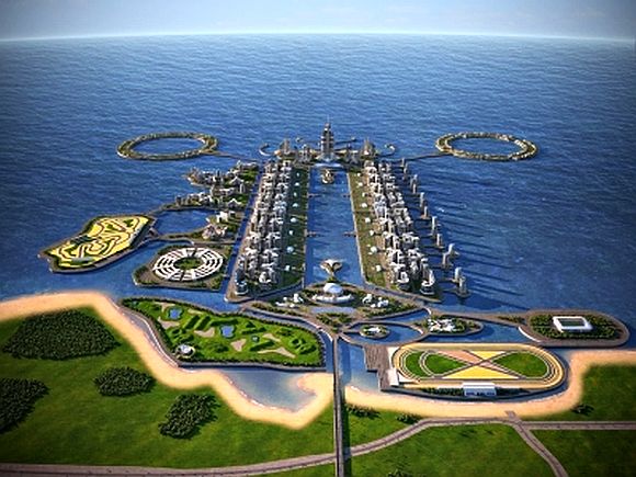 This image is a rendering of the Khazar Islands, an artificial archipelago under construction in Azerbaijan.
