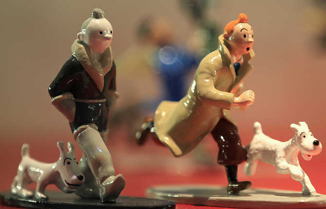 Figurines from the comic strip Tintin by Brussels-born author Georges Remi, better known as Herge, are displayed in a shop at the Herge Museum in Louvain-La-Neuve, Belgium.