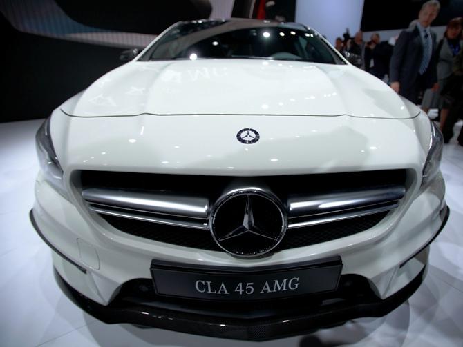 The Mercedes-Benz CLA 45 AMG is seen on stage following a news conference at the New York Auto Show in New York, March 27, 2013.