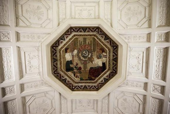A ceiling panel is seen in Belorusskaya metro station, which was built in 1952, in Moscow