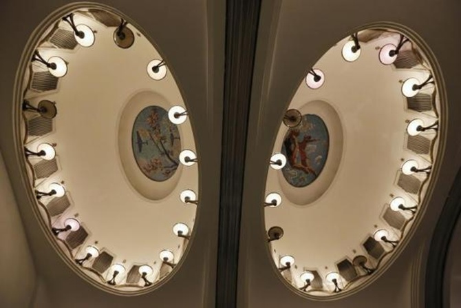 Ceiling panels are seen in Mayakovskaya metro station, which was built in 1938, in Moscow