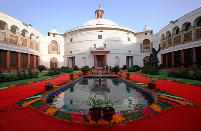 A view of the decorated central hall of the Indian parliament.