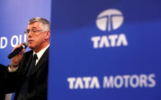 Karl Slym, managing director of Tata Motors, speaks during a news conference to announce their Q3 results in Mumbai.