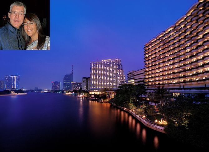 Chao Phraya river-facing Shangri-La hotel in Bangkok. Karl Slym and his wife (in the inset).