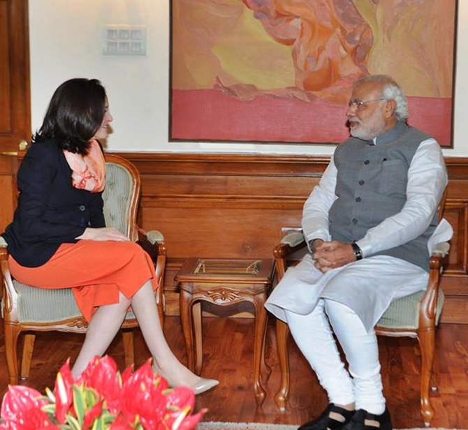 Facebook Chief Operating Officer Sheryl Sandberg meets Prime Minister Narendra Modi.