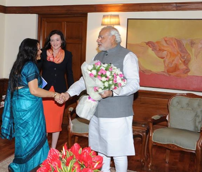 Sheryl Sandberg and Facebook's India Head of Public Policy Ankhi Das with PM Narendra Modi.