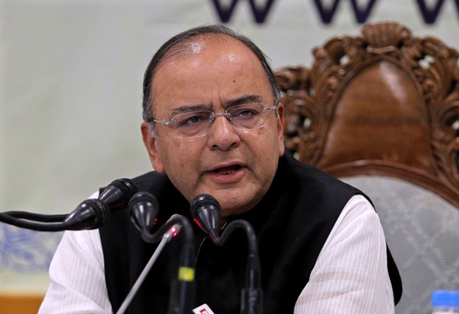 Finance and Defence Minister Arun Jaitley speaks during a news conference in Srinagar June 15, 2014. 