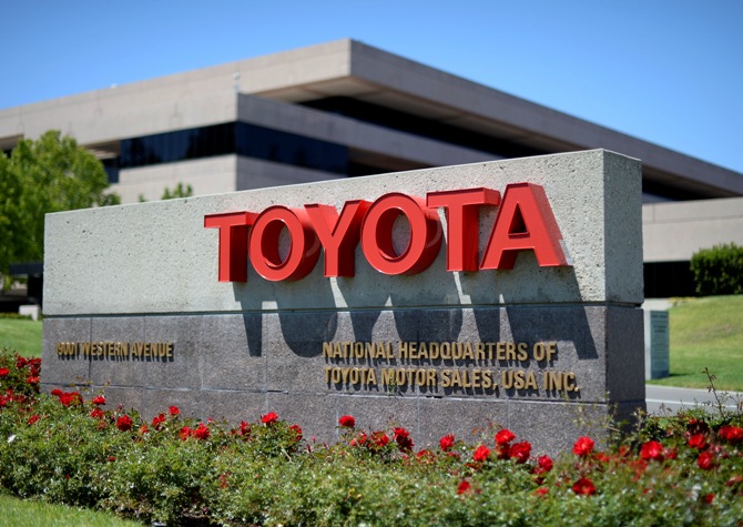 The signboard of the national headquarters of Toyota Motor Sales USA, is seen in Torrance, California April 28, 2014.