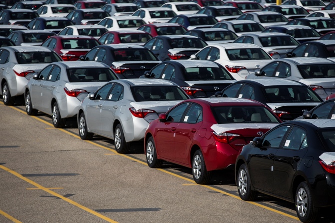 New cars are seen at the Toyota plant in Cambridge.