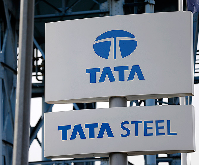 The Tata Steel logo is seen at the Tata Steel rails factory in Hayange, Eastern France.