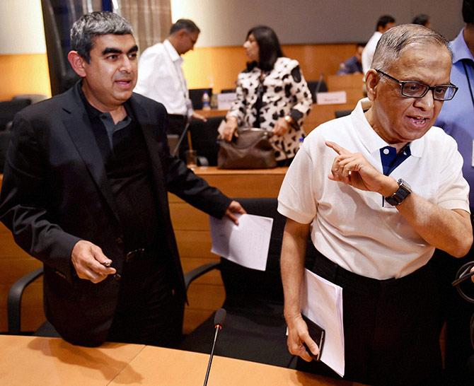 Infosys Executive Chairman N R Narayana Murthy with newly appointed CEO & MD Vishal Sikka at a press conference at Infosys headquarters in Bengaluru.