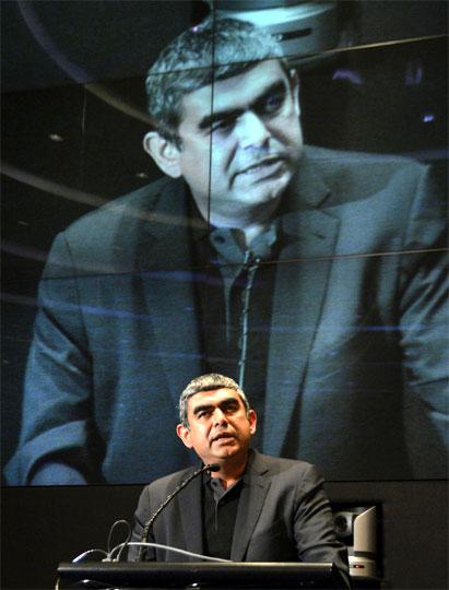 Newly appointed Infosys Chief Executive Officer Vishal Sikka speaks during a news conference at the company's headquarters.