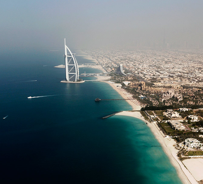 An aerial view of the Burj Al Arab hotel is seen in Dubai.