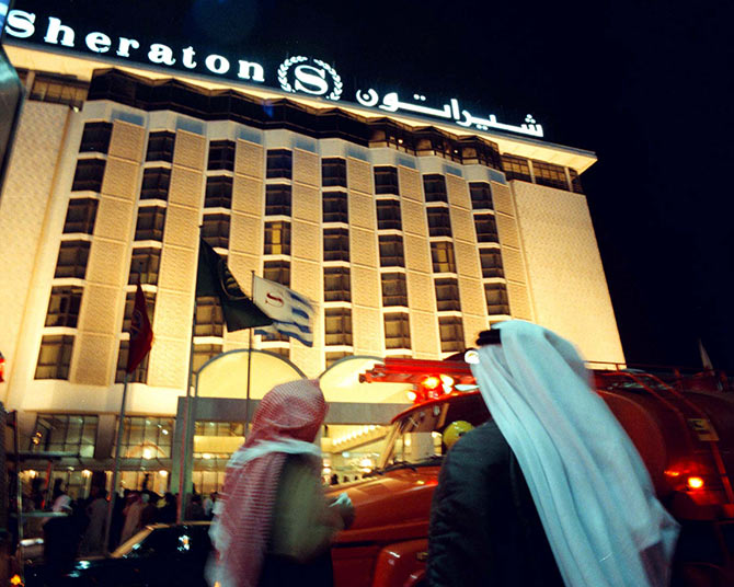 Guests and residents of the luxurious five star Sheraton hotel in downtown Kuwait city.