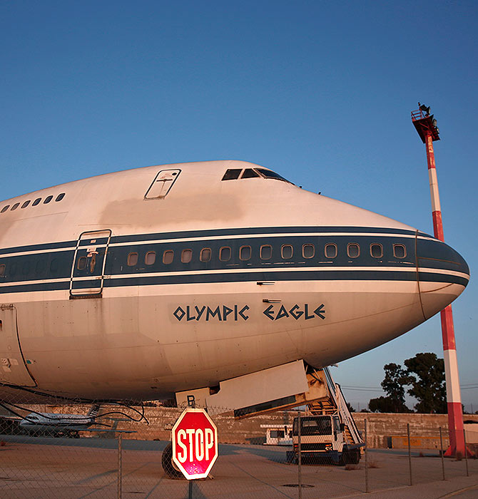 An Olympic Airways airplane stands on the premises of Hellenikon.