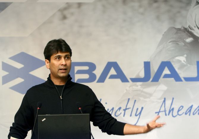 Managing Director of Bajaj Auto Rajiv Bajaj speaks during a news conference in New Delhi.