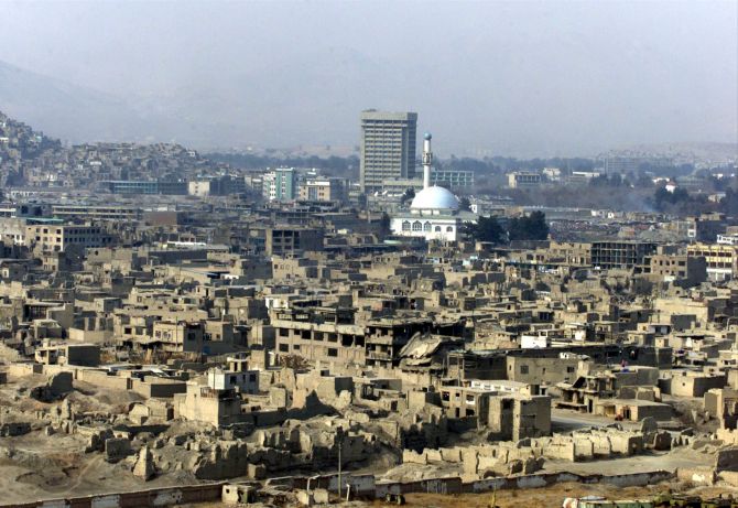 A high angle view of war-torn Kabul.