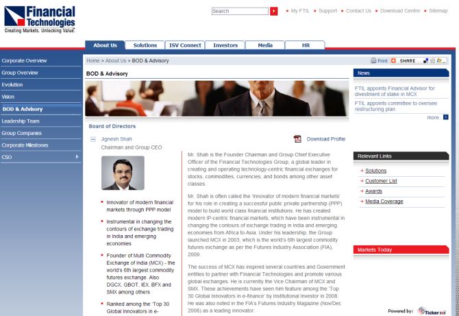 Screenshot of Financial Technologies' website.