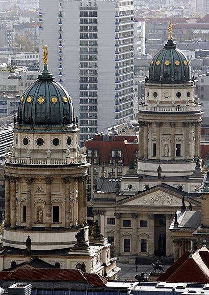A general view show the Franzoesischer Dom (L) (French cathedral) and Deutscher Dom (German cathedral) in Berlin.
