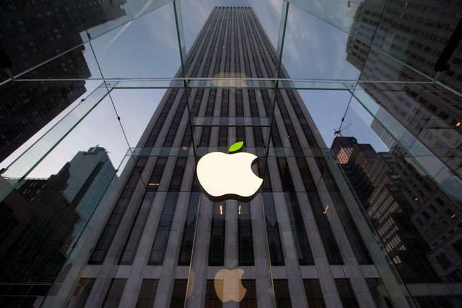 The leaf on the Apple symbol is tinted green at the Apple flagship store on 5th Ave in New York.