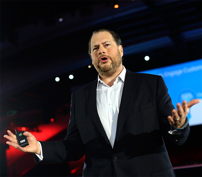 Salesforce.com CEO Marc Benioff delivers his keynote address at the company's annual Dreamforce event in San Francisco.