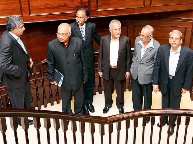 Co-founders (from left) Nandan Nilekani, K Dinesh, S D Shibhulal, N S Raghavan, N R Narayana Murthy and S Gopalakrishnan at a farewell for Gopalakrishnan at the Infosys campus in Bangalore on Wednesday