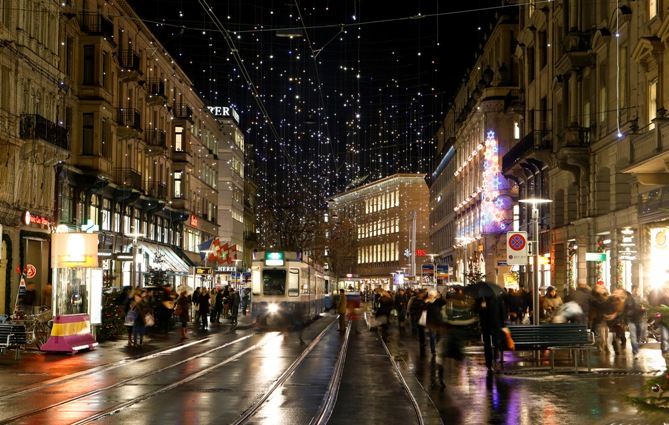 Christmas illuminations light the Bahnhofstrasse shopping street in Zurich.