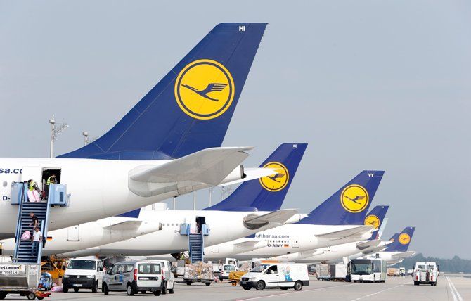 German airline Lufthansa aircraft are parked during a pilots' strike at Munich's airport on September 10, 2014. 