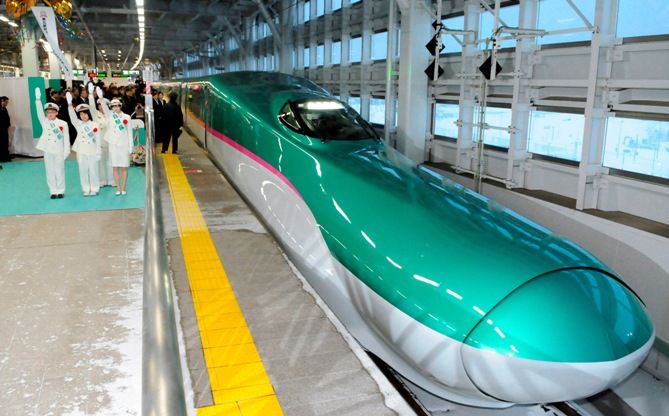 The Hayabusa shinkansen or bullet train departs from Aomori station in Aomori, northern Japan.
