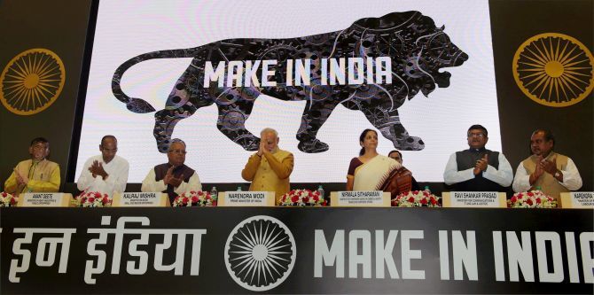 Prime Minister Narendra Modi at the ‘Make in India’ event. Photograph: PTI