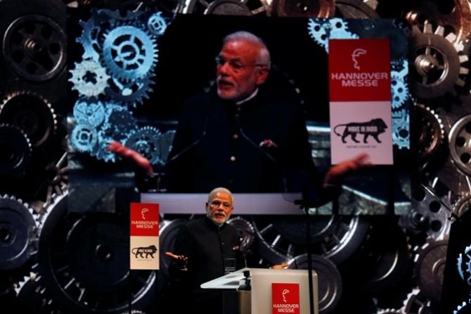 Prime Minister Narendra Modi speaks during the opening ceremony of the world's largest industrial technology fair, the Hannover Messe, in Hanover April 12, 2015. Wolfgang Rattay/Reuters